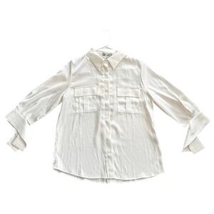 Grace Karin Women Ivory Satin Button Down Blouse Long Sleeve Flap Pocket Shirt S